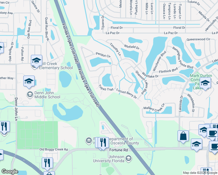 map of restaurants, bars, coffee shops, grocery stores, and more near 2341 Topaz Trail in Kissimmee