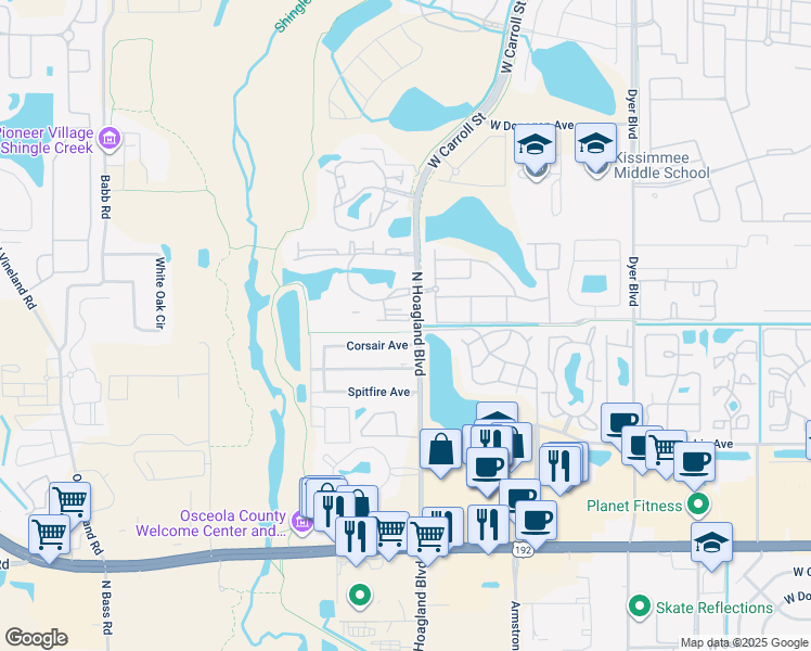 map of restaurants, bars, coffee shops, grocery stores, and more near 2203 Key West Court in Kissimmee