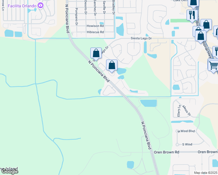 map of restaurants, bars, coffee shops, grocery stores, and more near 5005 Laguna Bay Circle in Kissimmee