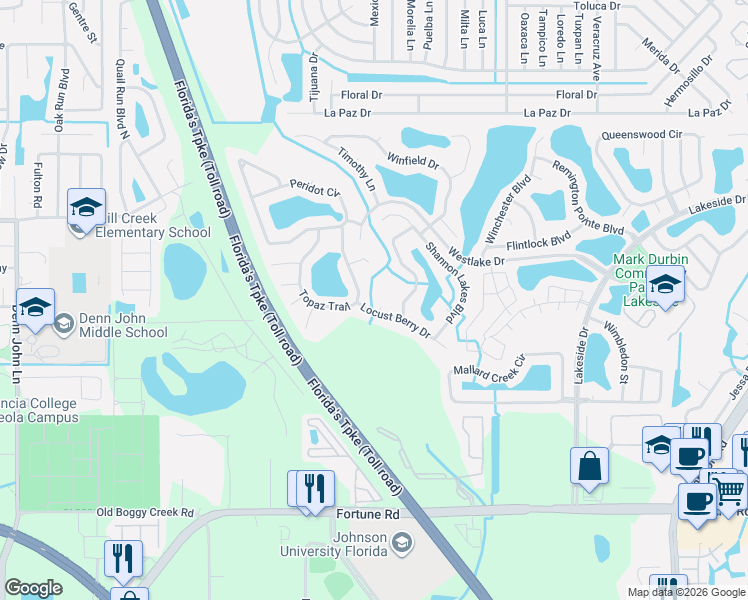 map of restaurants, bars, coffee shops, grocery stores, and more near 2363 Topaz Trail in Kissimmee