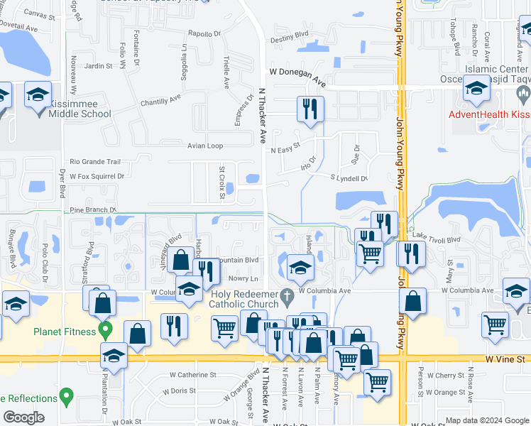 map of restaurants, bars, coffee shops, grocery stores, and more near 2316 North Thacker Avenue in Kissimmee