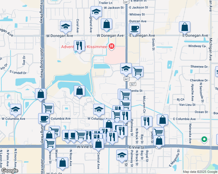 map of restaurants, bars, coffee shops, grocery stores, and more near 206 Park Place Boulevard in Kissimmee