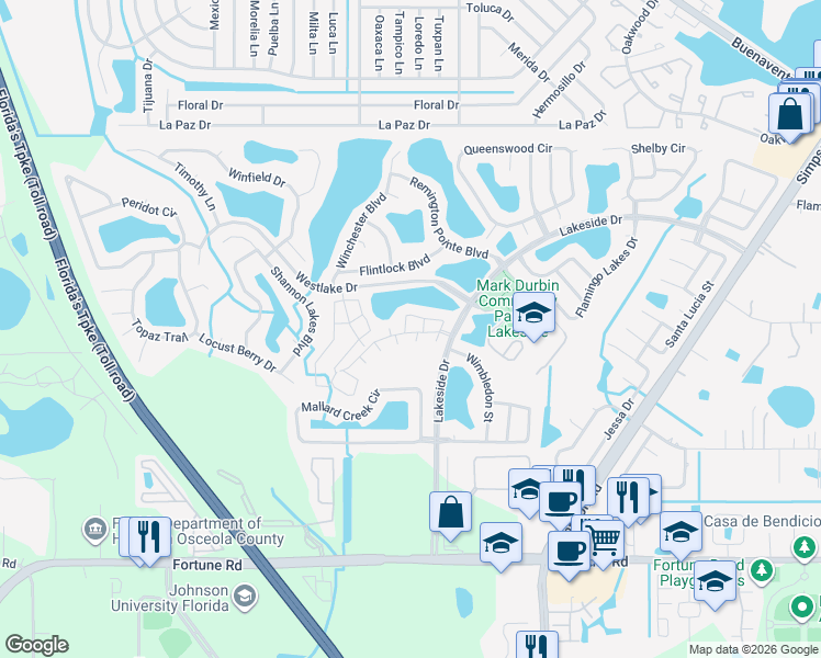 map of restaurants, bars, coffee shops, grocery stores, and more near 2177 Cypress Bay Boulevard in Kissimmee