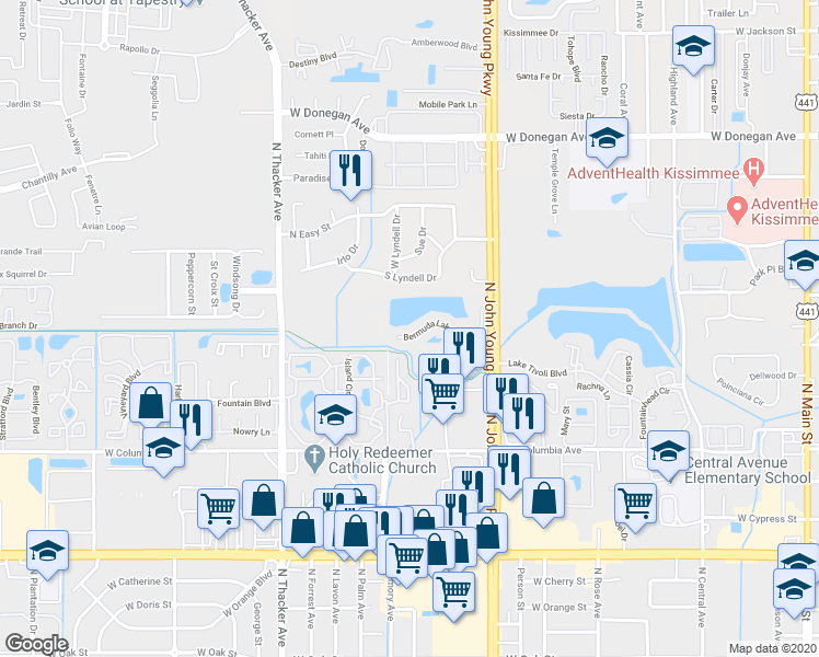 map of restaurants, bars, coffee shops, grocery stores, and more near 1229 Bermuda Lakes Lane in Kissimmee