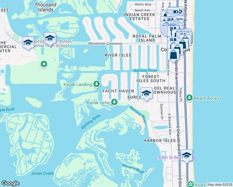 map of restaurants, bars, coffee shops, grocery stores, and more near 10 Yawl Drive in Cocoa Beach