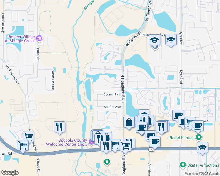 map of restaurants, bars, coffee shops, grocery stores, and more near 2207 Antigua Place in Kissimmee