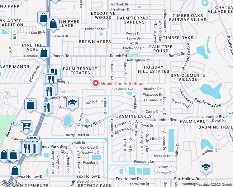 map of restaurants, bars, coffee shops, grocery stores, and more near 7527 Bougenville Drive in Port Richey
