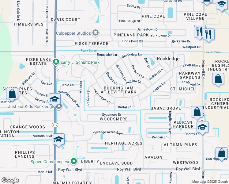 map of restaurants, bars, coffee shops, grocery stores, and more near 975 Beechfern Lane in Rockledge