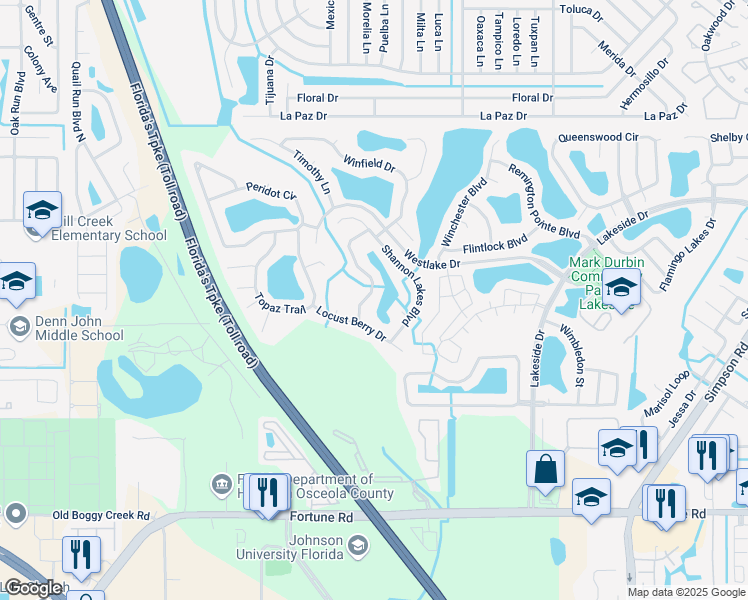 map of restaurants, bars, coffee shops, grocery stores, and more near 2313 Lily Pad Lane in Kissimmee