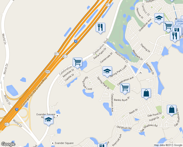map of restaurants, bars, coffee shops, grocery stores, and more near 913 Spring Park Loop in Celebration