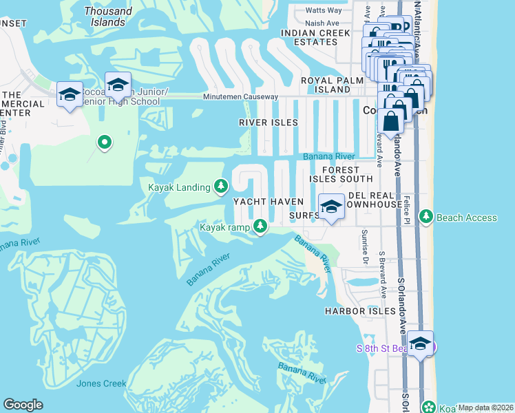 map of restaurants, bars, coffee shops, grocery stores, and more near 9 Yawl Drive in Cocoa Beach