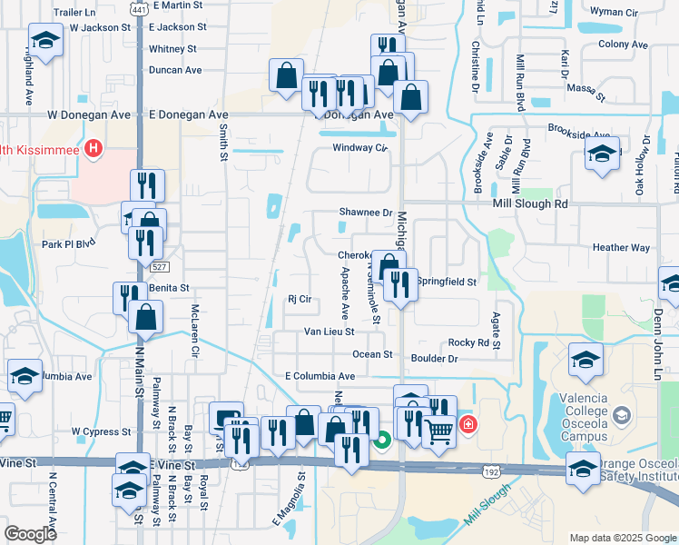 map of restaurants, bars, coffee shops, grocery stores, and more near 2330 Apache Avenue in Kissimmee