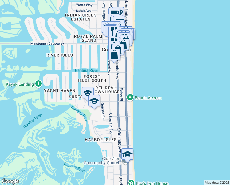 map of restaurants, bars, coffee shops, grocery stores, and more near 322 Felice Place in Cocoa Beach