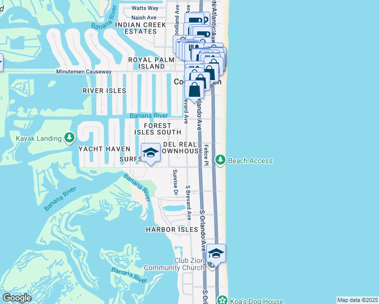 map of restaurants, bars, coffee shops, grocery stores, and more near 330 South Brevard Avenue in Cocoa Beach