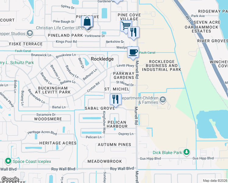 map of restaurants, bars, coffee shops, grocery stores, and more near 843 Laurel Drive in Rockledge
