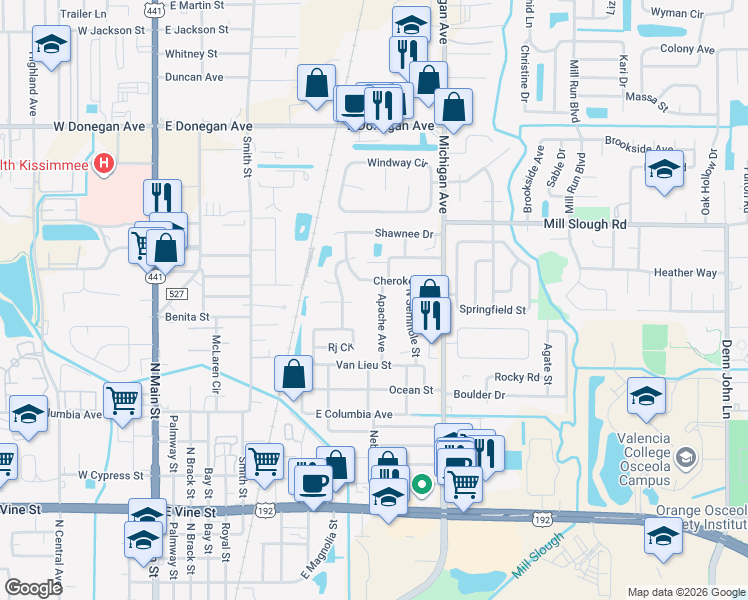map of restaurants, bars, coffee shops, grocery stores, and more near 2330 Apache Avenue in Kissimmee