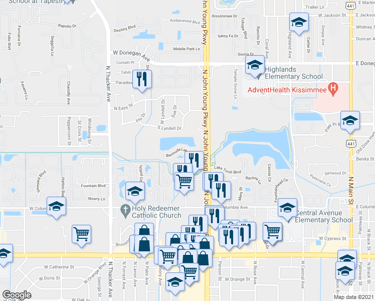 map of restaurants, bars, coffee shops, grocery stores, and more near 1205 Bermuda Lakes Lane in Kissimmee