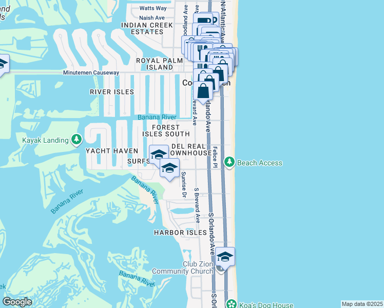 map of restaurants, bars, coffee shops, grocery stores, and more near 330 South Brevard Avenue in Cocoa Beach