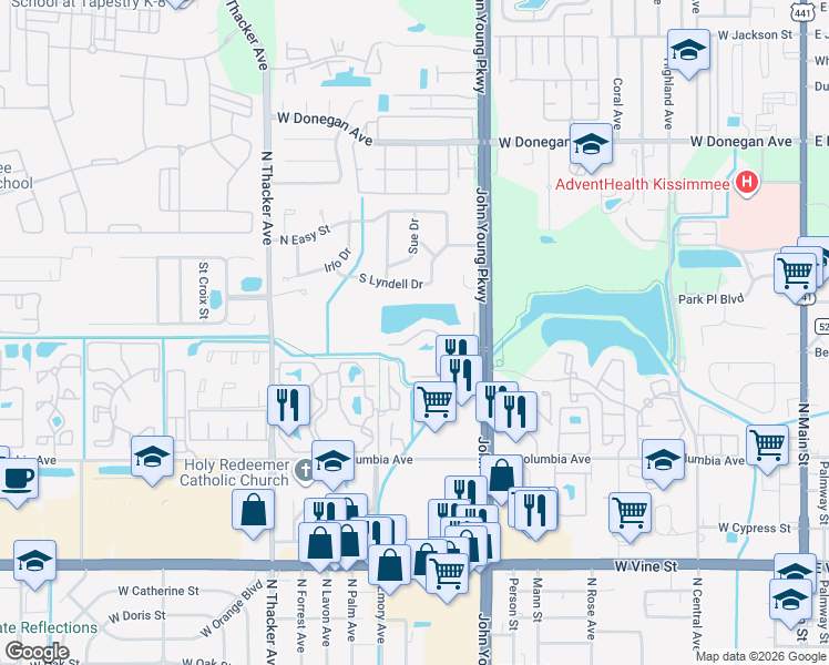 map of restaurants, bars, coffee shops, grocery stores, and more near 1209 Bermuda Lakes Lane in Kissimmee