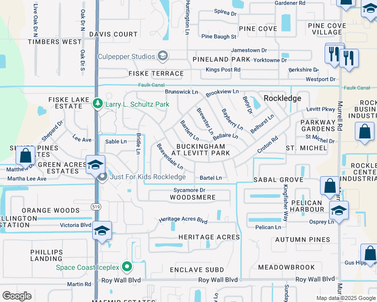 map of restaurants, bars, coffee shops, grocery stores, and more near 975 Beechfern Lane in Rockledge