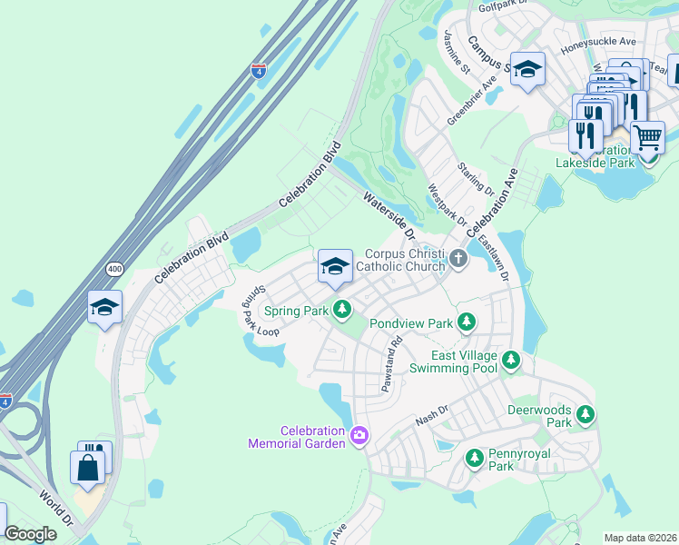 map of restaurants, bars, coffee shops, grocery stores, and more near 940 Spring Park Loop in Kissimmee