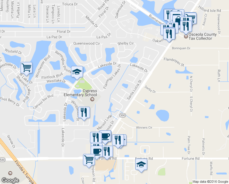 map of restaurants, bars, coffee shops, grocery stores, and more near 2201 Santa Lucia Street in Kissimmee
