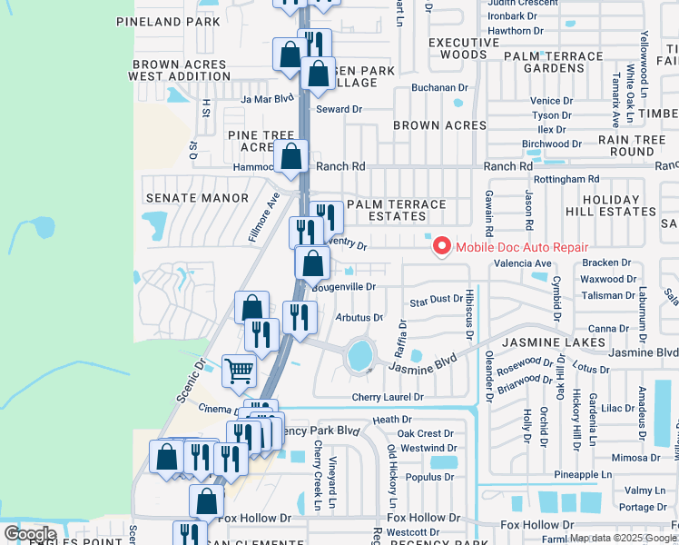map of restaurants, bars, coffee shops, grocery stores, and more near 7033 Bougenville Drive in Port Richey