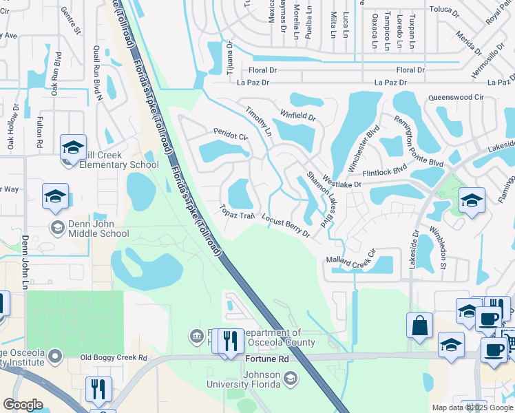 map of restaurants, bars, coffee shops, grocery stores, and more near 2363 Topaz Trail in Kissimmee