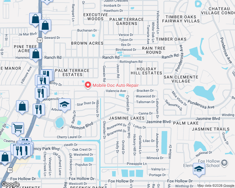 map of restaurants, bars, coffee shops, grocery stores, and more near 10700 Ixora Lane in Port Richey