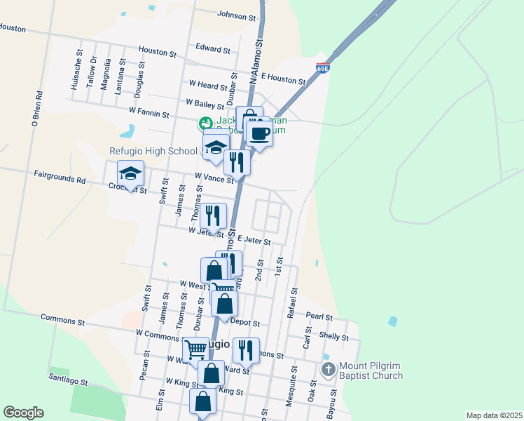 map of restaurants, bars, coffee shops, grocery stores, and more near 701 2nd Street in Refugio