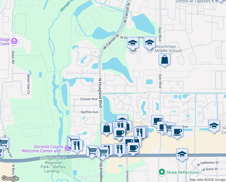 map of restaurants, bars, coffee shops, grocery stores, and more near 4007 Venetian Bay Drive in Kissimmee