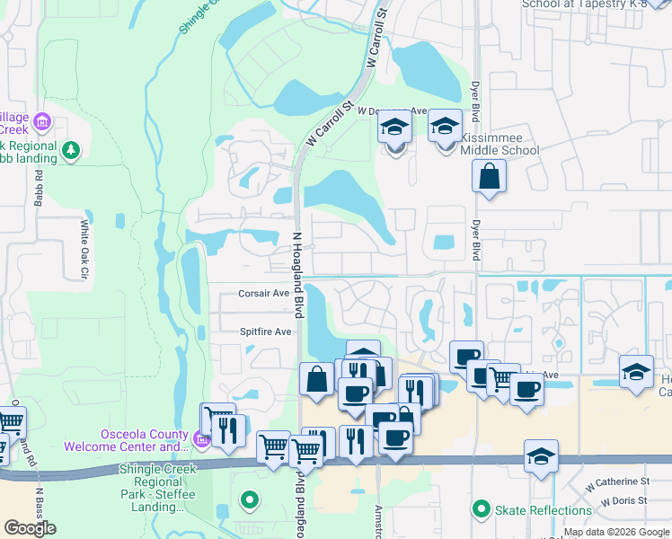map of restaurants, bars, coffee shops, grocery stores, and more near 4007 Venetian Bay Drive in Kissimmee