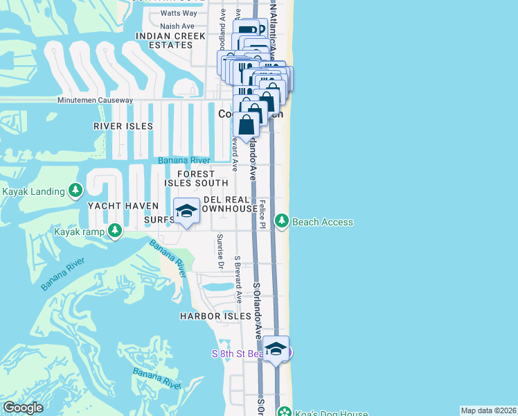 map of restaurants, bars, coffee shops, grocery stores, and more near 322 Felice Place in Cocoa Beach