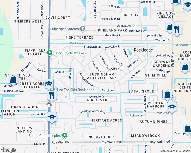 map of restaurants, bars, coffee shops, grocery stores, and more near 975 Beechfern Lane in Rockledge