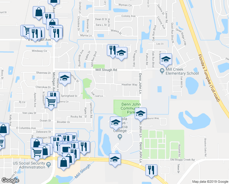 map of restaurants, bars, coffee shops, grocery stores, and more near 2322 Meadow Court in Kissimmee