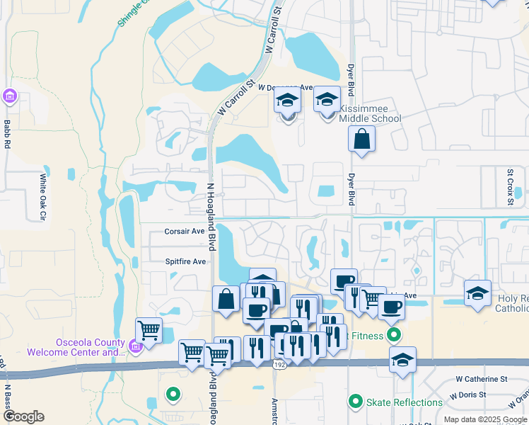 map of restaurants, bars, coffee shops, grocery stores, and more near 4015 Venetian Bay Drive in Kissimmee