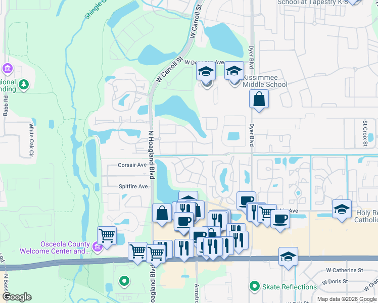 map of restaurants, bars, coffee shops, grocery stores, and more near 4015 Venetian Bay Drive in Kissimmee