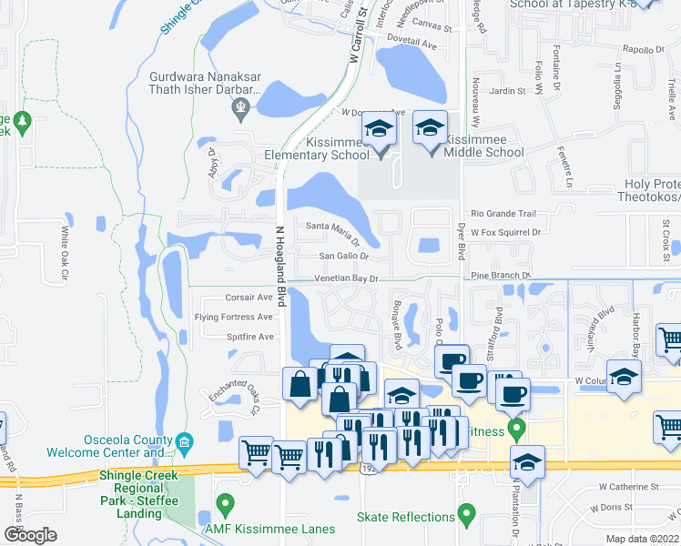 map of restaurants, bars, coffee shops, grocery stores, and more near 4015 Venetian Bay Drive in Kissimmee