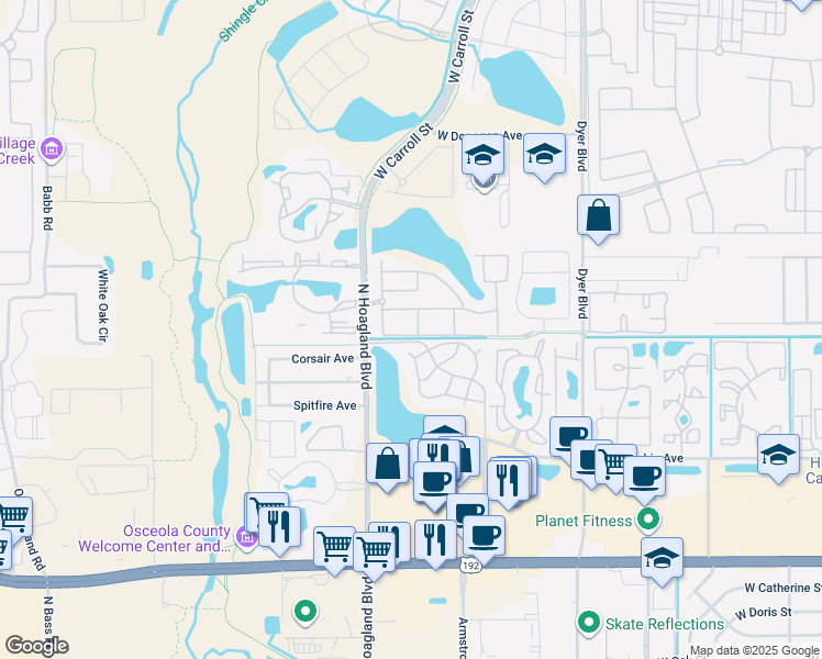 map of restaurants, bars, coffee shops, grocery stores, and more near 4007 Venetian Bay Drive in Kissimmee