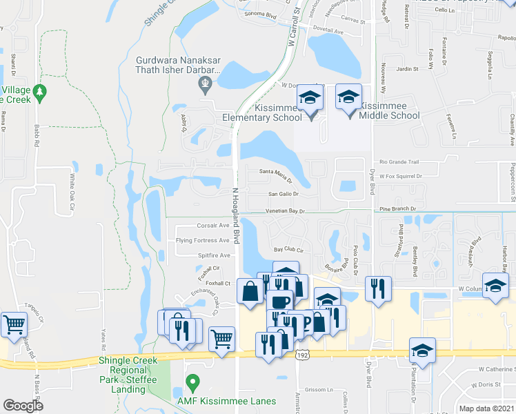 map of restaurants, bars, coffee shops, grocery stores, and more near 4007 Venetian Bay Drive in Kissimmee