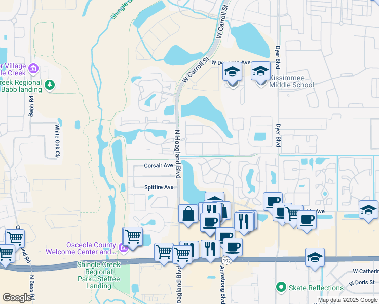map of restaurants, bars, coffee shops, grocery stores, and more near 4007 Venetian Bay Drive in Kissimmee