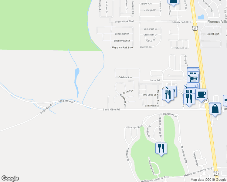 map of restaurants, bars, coffee shops, grocery stores, and more near 405 Caribbean Drive in Davenport