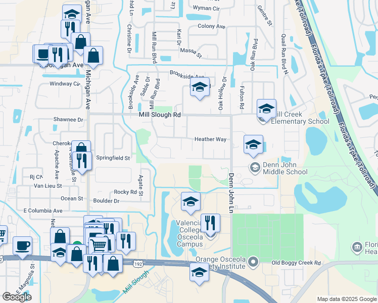 map of restaurants, bars, coffee shops, grocery stores, and more near 2322 Meadow Court in Kissimmee