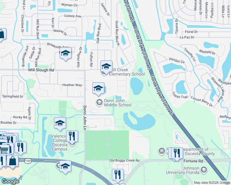 map of restaurants, bars, coffee shops, grocery stores, and more near 2428 Oak Mill Drive in Kissimmee