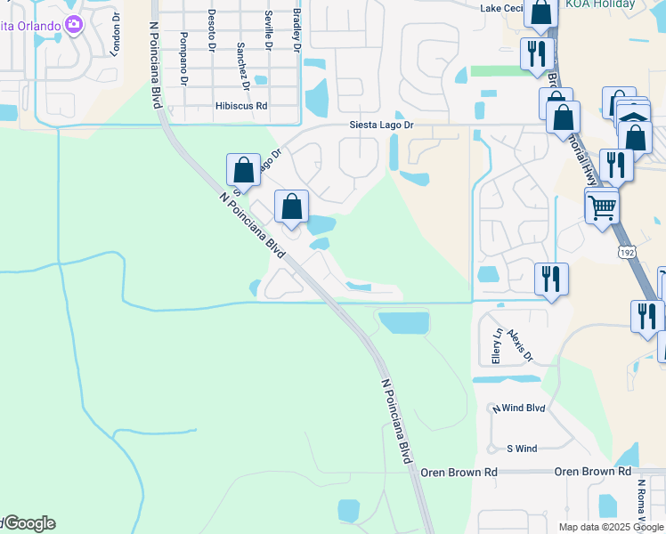 map of restaurants, bars, coffee shops, grocery stores, and more near 2035 Royal Bay Boulevard in Kissimmee