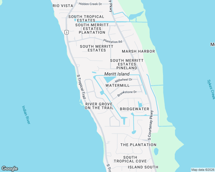 map of restaurants, bars, coffee shops, grocery stores, and more near 600 Millwheel Drive in Merritt Island