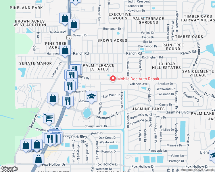 map of restaurants, bars, coffee shops, grocery stores, and more near 7316 Sea Grape Avenue in Port Richey