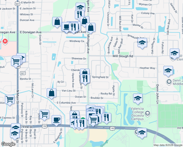 map of restaurants, bars, coffee shops, grocery stores, and more near Lake Avenue in Kissimmee