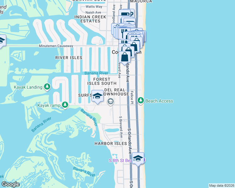 map of restaurants, bars, coffee shops, grocery stores, and more near 330 South Brevard Avenue in Cocoa Beach
