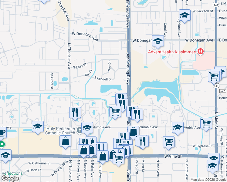 map of restaurants, bars, coffee shops, grocery stores, and more near 1209 Bermuda Lakes Lane in Kissimmee